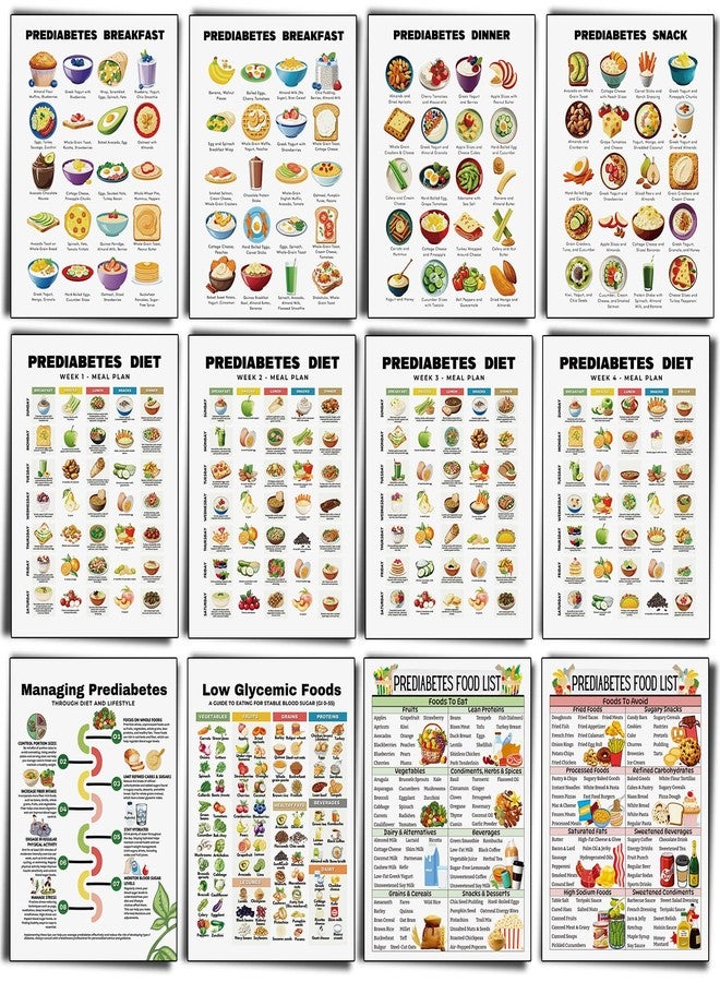 Sinload 12 Pcs Pre Diabetic Food List Poster Prediabetes Meal Plan Low Sugar Glycemic Index List for Type 2 Diabetes - Image 1